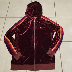 Aviator Nation Classic Velvet 5 Stripe Zip Hoodie in the color burgundy wine